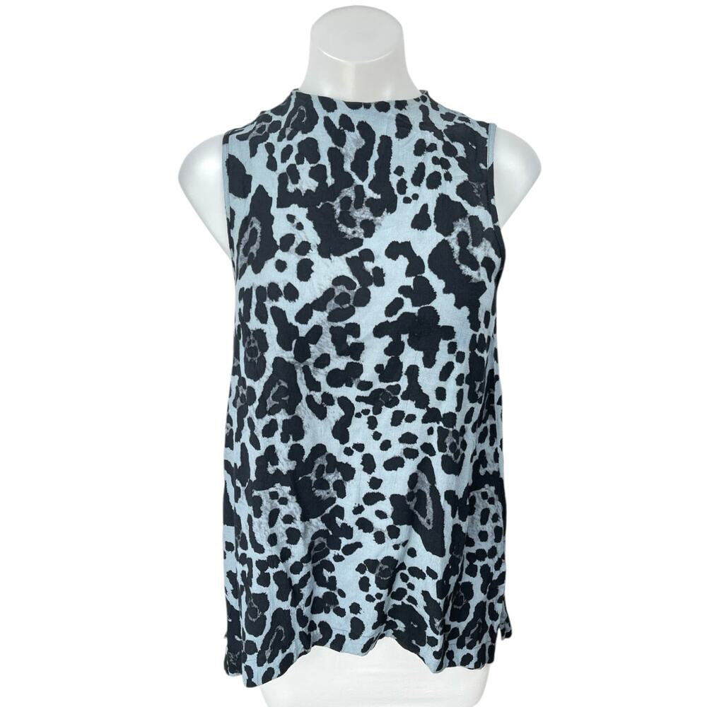 Topshop Black Blue Sleeveless Animal Leopard Print High Neck Blouse Tank Top 6